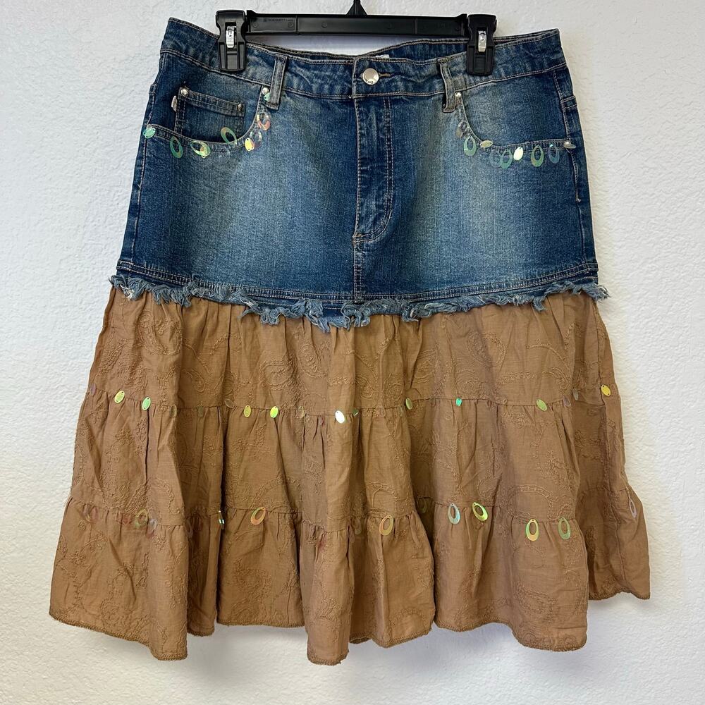 y2k denim tiered prarie midi skirt boho sequins embellished
